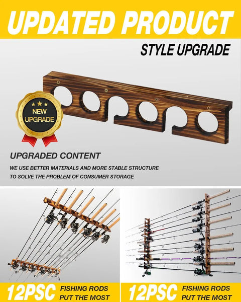 Holds Up To 12 Fishing Rods, Wall Or Ceiling Mounted Rod Rack For Garage Storage shown in style upgrade with durable hardwood
