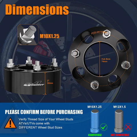 Kick Up That Stance Two Inch Wheel Spacers For 4X110 Bolt Pattern ATVs And Jeeps 74Mm Hub Bore With M10X1.25 Thread Studs detailed dimensions and specs.