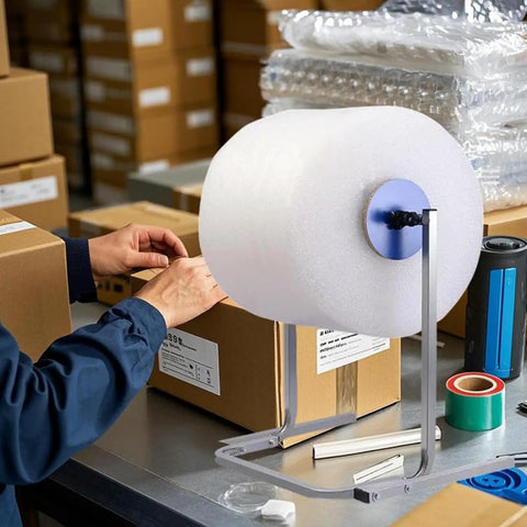 Heavy Duty Foldable Bubble Wrap Dispenser And Cushioning Roll Holder With Rock Solid U Base Quick Grab Moving Packing Station in use with bubble wrap.