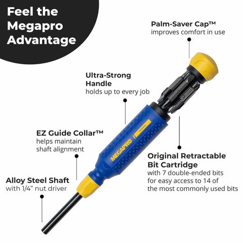 15 In 1 Multi-Bit Screwdriver With Retractable Bit Cartridge, 14 Double-Ended Tips, One Quarter Inch Nut Drive, Alloy Steel Shaft shown
