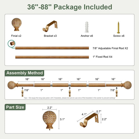Package contents for Imitation Wood Grain Leaf Pattern Curtain Rods Set 1 Inch Diameter Adjustable Heavy Duty Boho Drapery Rods.