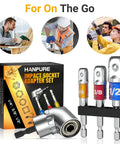 Socket Adapter Set For Impact Drills And Power Tools, Quick Fit One Quarter Inch, Three Eighths Inch, One Half Inch with Color Coded Shanks
