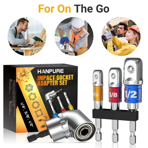Socket Adapter Set For Impact Drills And Power Tools, Quick Fit One Quarter Inch, Three Eighths Inch, One Half Inch with Color Coded Shanks