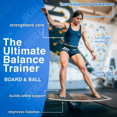 Woman using Wooden Balance Board For Adults With Inflatable Ball Wobble Board For All Sports Gym And Standing Desk Premium Balance Trainer Kit
