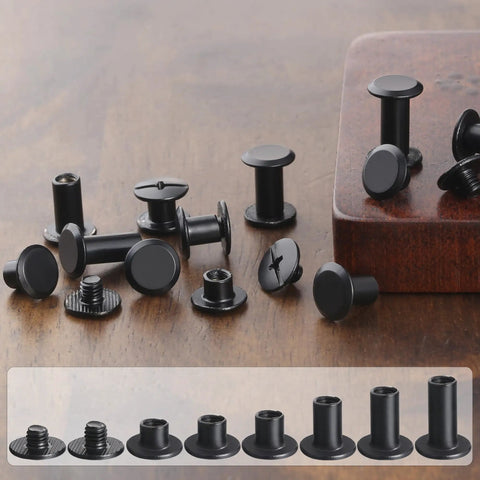 Assorted black Chicago screws from 100 Sets Black Chicago Screws Leather Rivets Kit For Fabric And Leather Crafting with 6 Size Assortment