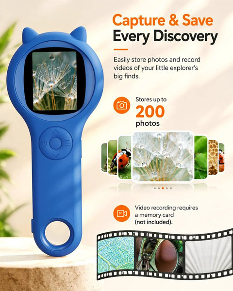 Go-To Pocket Sized Explorer 500X Handheld Digital Microscope For Kids With 2 Inch IPS Screen Portable STEM Toy For Travel Camping And School Projects Ages 5-12 Dark Blue, front view
