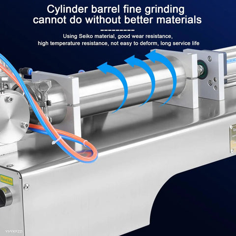Pneumatic Liquid Paste Bottle Filler, 40L Stainless Steel Hopper, showing cylinder barrel for fine grinding use.