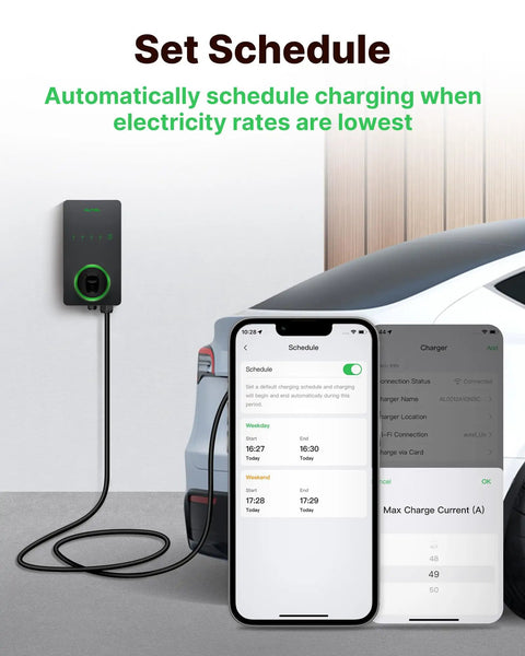 Level 2 Home Smart EV Charger 50A 240V Hardwired Station For Indoor Outdoor Use with scheduling feature on phone app.