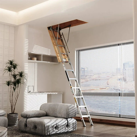 Heavy Duty Aluminum Attic Ladder Pull Down Loft Stairs For Easy Attic Access Door Manual Lift Foldable Ceiling Steps in living room