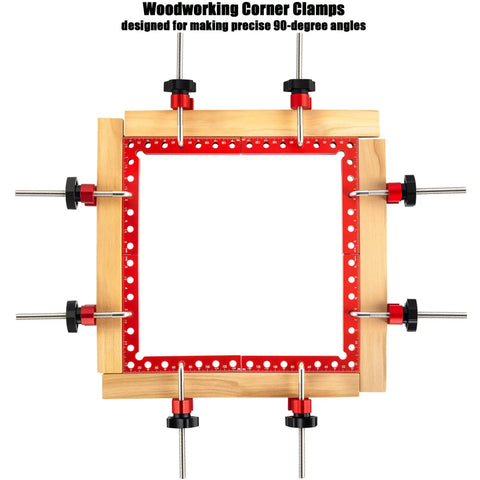 Four Pack 90 Degree Corner Clamps For Woodworking Pro Grade Aluminum Right Angle Clamps 5.5 Inch By 5.5 Inch Precision Jigs, red frame clamp holding square wood