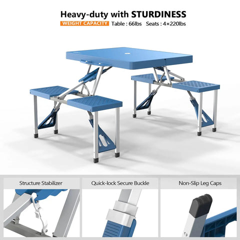 4 Ft Folding Picnic Table Set With 4 Seats And Umbrella Hole Lightweight Aluminum Frame Plastic Top in blue, supports up to 220 lb