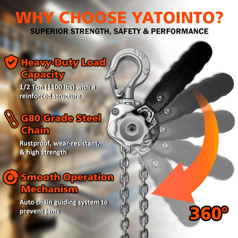 Half Ton Chain Hoist Come Along With 1100 Lbs Capacity 10 Ft Lift Lightweight Aluminum Frame High Strength Steel Chain Manual Lever Hoist Built Tough For Real Heavy Duty Lifting, showing load capacity and operation features.