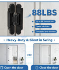 Heavy Hitter Hidden Door Hinges 2 Pack, 6 Inch Concealed Pivot Hardware For Secret Bookcase Entry, 88 lbs capacity shown in detail.
