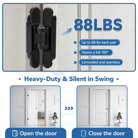 Heavy Hitter Hidden Door Hinges 2 Pack, 6 Inch Concealed Pivot Hardware For Secret Bookcase Entry, 88 lbs capacity shown in detail.