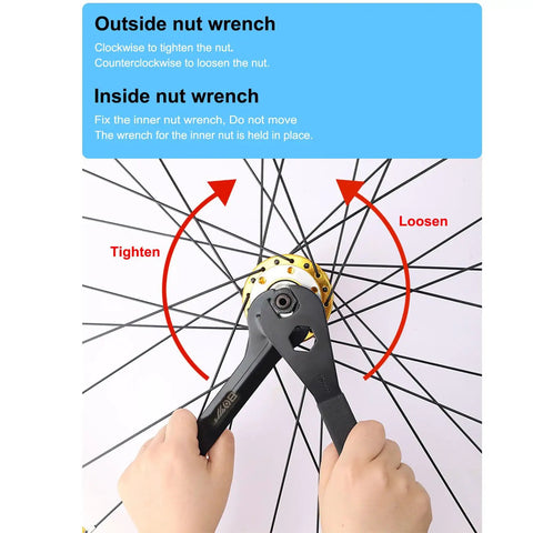 Hands using Pro Grade Bike Cone Wrench Set 13 To 19 Mm 7 Piece for hub axle nut install and removal on a bicycle wheel.