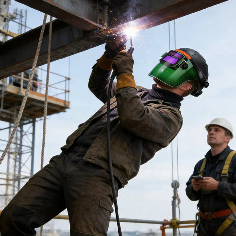 Worker using Auto Darkening Welding Helmet With Air System And True Color Viewing Shield For Industrial Metalworking Safety
