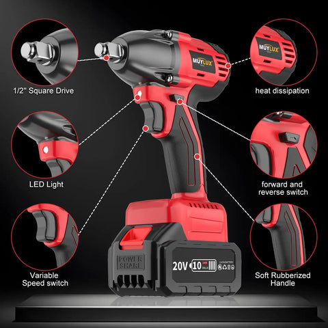 Heavy Duty Cordless Impact Wrench One Half Inch Brushless Motor handles rusted bolts with ergonomic design and LED light.