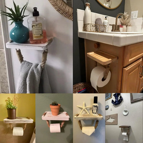 Coastal Rope Toilet Paper Holder With Shelf Wall Mount, various styles and usages in rustic farmhouse and nautical decor settings.