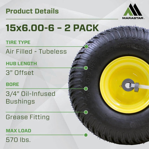 Front Tire And Wheel Assembly For Riding Lawn Mower 15x6.00-6 Tubeless 4 Ply Replacement Set Ready To Roll 3 Inch Offset Hub With Oil Infused Bushings Grease Fitting Yellow Rim 2 Pack Compatible With John Deere 100 And 300 Series