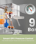 Close-up view of the 20 Bar Espresso Machine with 58mm portafilter, showing the internal components and smart OPV pressure control system.