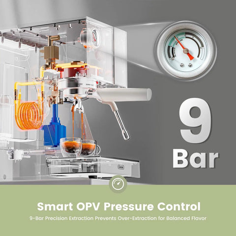 Close-up view of the 20 Bar Espresso Machine with 58mm portafilter, showing the internal components and smart OPV pressure control system.
