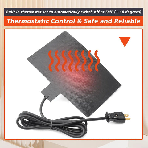 Automotive Silicone Battery Heating Pad With Thermostatic Shutoff 60 Watt 120 Volt, black pad with cord for battery warmth.
