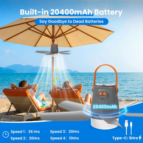 Straight Up Badass 21 Inch Portable Ceiling Fan With Built In Rechargeable Battery And Wireless Remote Bright Led Light under an umbrella at the beach.