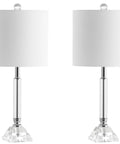 Clear Crystal Table Lamps Set Of 2 Measuring Nineteen Point Five Inches Tall With Chrome Glass Columns, white linen shades