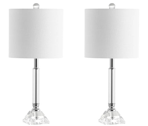 Clear Crystal Table Lamps Set Of 2 Measuring Nineteen Point Five Inches Tall With Chrome Glass Columns, white linen shades