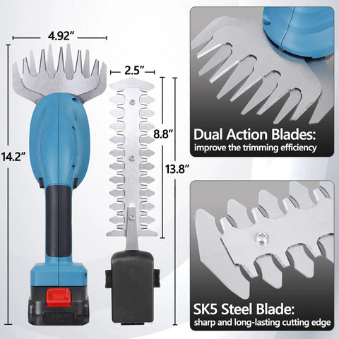 Cordless Hedge Trimmer With Battery And Charger 21V Two In One Grass Cutter And Shrub Trimmer Lightweight Shears with dual action and SK5 steel blades