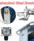 Galvanized steel bracket for heavy duty pneumatic swivel casters, showcasing accurate measurement, detail, and durability.