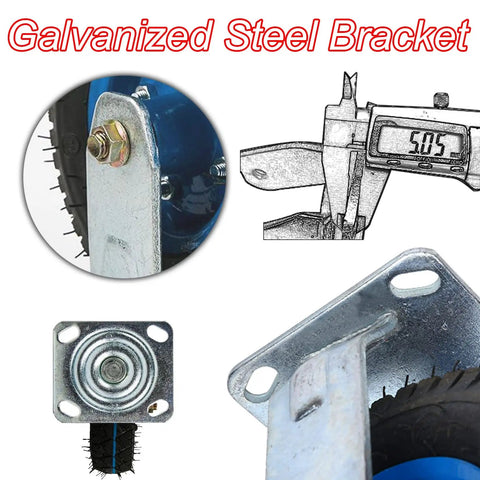 Galvanized steel bracket for heavy duty pneumatic swivel casters, showcasing accurate measurement, detail, and durability.