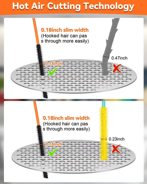 Comparison of 32 Inch Anti Break Metal Drain Snake passing through 0.18-inch and 0.47-inch holes, highlighting slim width efficiency.