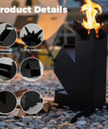 Portable Wood Burning Camp Stove With High Efficiency Rocket Style Flame for Camping Backyard Cookouts and Outdoor Events shown with features.