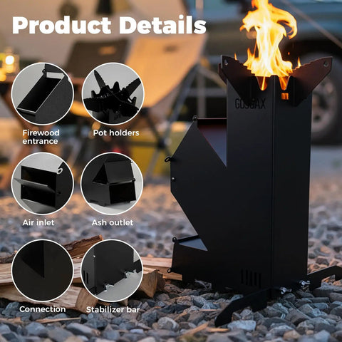 Portable Wood Burning Camp Stove With High Efficiency Rocket Style Flame for Camping Backyard Cookouts and Outdoor Events shown with features.