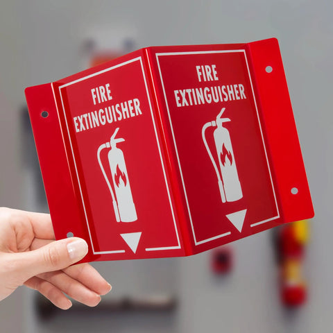 3D Fire Extinguisher Wall Sign With Projecting Design For Easy Emergency Visibility And Quick Access Indoor Durable OSHA Compliant Fire Safety Sign Measures Six By Eight By Four Inches For High Visibility And No Nonsense Reliability, held in hand.