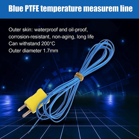 Blue PTFE K-Type thermocouple sensor line, 2 m with yellow mini-connector plug