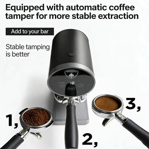 Heavy Duty 58mm Automatic Coffee Tamper With Adjustable Portafilter Bracket And Snappy Digital Touch Control delivering stable extraction shown with espresso portafilters.