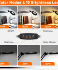 10X Magnifying LED Lamp with Optical Glass Lens 4.3 Inch Clamp On Craft Light showing 3 color modes and 10 brightness levels