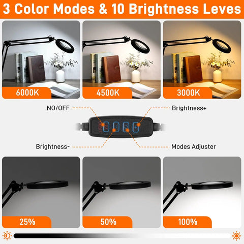 10X Magnifying LED Lamp with Optical Glass Lens 4.3 Inch Clamp On Craft Light showing 3 color modes and 10 brightness levels