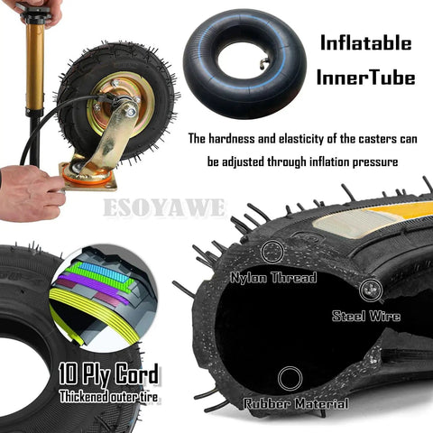 Tough As Nails Smooth Rolling Heavy Duty Pneumatic Rubber Casters 4 Pack 8 To 10 Inch wheels and inner tube with inflation adjustment.