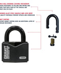 Diagram showing Granit Alloy Steel Padlock 37/55 RK KA Keyed Alike with sections highlighting shackle guard, lock body, and disc cylinder.