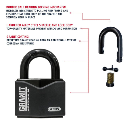 Diagram showing Granit Alloy Steel Padlock 37/55 RK KA Keyed Alike with sections highlighting shackle guard, lock body, and disc cylinder.