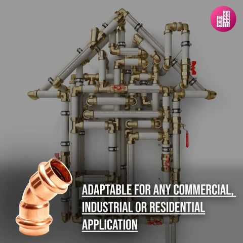 Zero Lead Copper 1/2 Inch 45 Degree Elbow Press Fitting for Quick Watertight Copper Pipe Connections in Residential and Commercial Plumbing Pack of 10, against complex pipe system background.