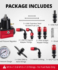 Front view of EVIL ENERGY fuel pressure regulator kit with red regulator, gauge, AN6 fittings and braided lines