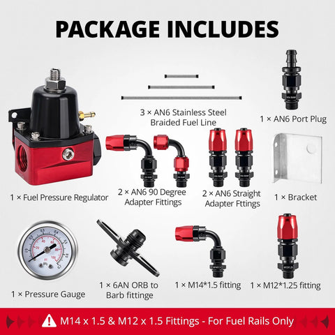 Front view of EVIL ENERGY fuel pressure regulator kit with red regulator, gauge, AN6 fittings and braided lines