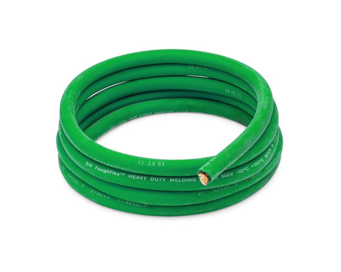 Heavy Duty 2/0 Awg Welding Cable And Car Battery Lead With Tough Epdm Sheath Built Stateside For Rough Job Sites Rock Solid Copper Core Goes Far On This Ten Foot Spool coiled in green.