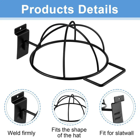Six Pack Slat Wall Hat Display Racks Wire Headwear Organizer For Baseball Caps Beanies Wigs Metal Slatwall Accessories Ideal For Home Retail Store And Warehouse Black shown in close-up detailing fit and weld points