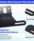 Stainless steel license plate bracket detail showing smooth edges and thickness for Heavy Duty Black Trailer License Plate Bracket Kit With Stainless Steel Frame For Boats, Trucks And RVs, All In One Light Bracket Set Including Mounting Screws, Caps, Reflective Stickers, And 9.4 By 4.9 Inch Frame.