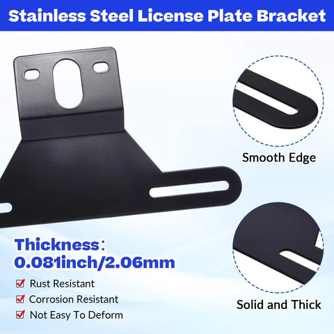 Stainless steel license plate bracket detail showing smooth edges and thickness for Heavy Duty Black Trailer License Plate Bracket Kit With Stainless Steel Frame For Boats, Trucks And RVs, All In One Light Bracket Set Including Mounting Screws, Caps, Reflective Stickers, And 9.4 By 4.9 Inch Frame.